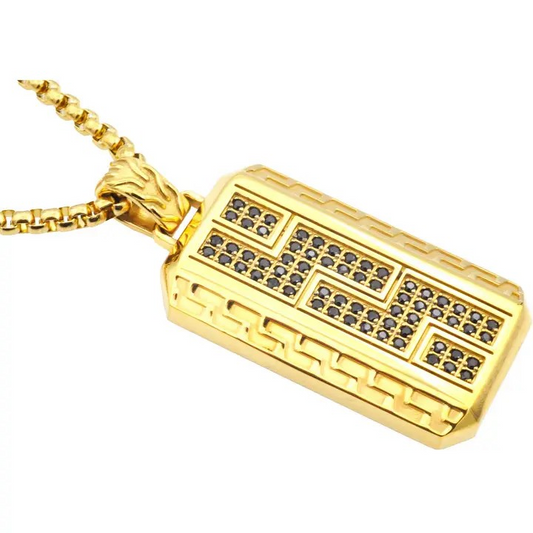 Blackjack Men's Jewelry - Gold Stainless Steel Greek Key Dog Tag Necklace