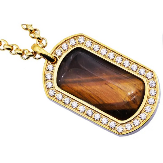 Blackjack Men's Jewelry - Gold Stainless Steel Tiger Eye Dog Tag Necklace