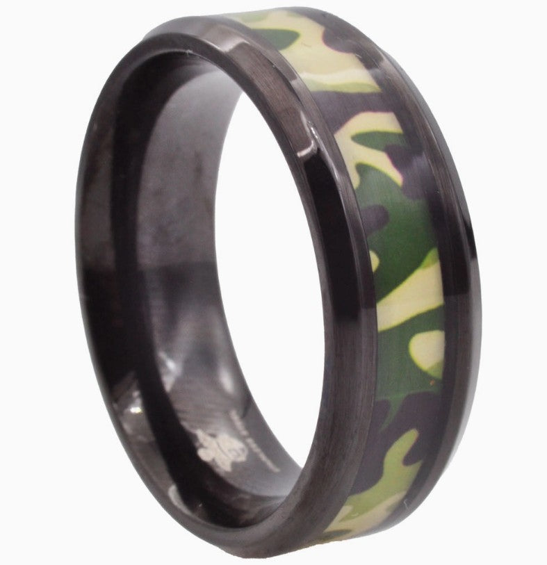 Blackjack Men's Jewelry - Black Steel Camo Band Ring