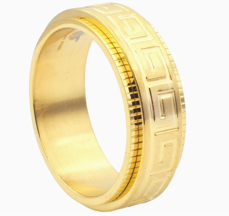 Blackjack Men's Jewelry - Gold Stainless Steel Etched Greek Key Spinner Ring