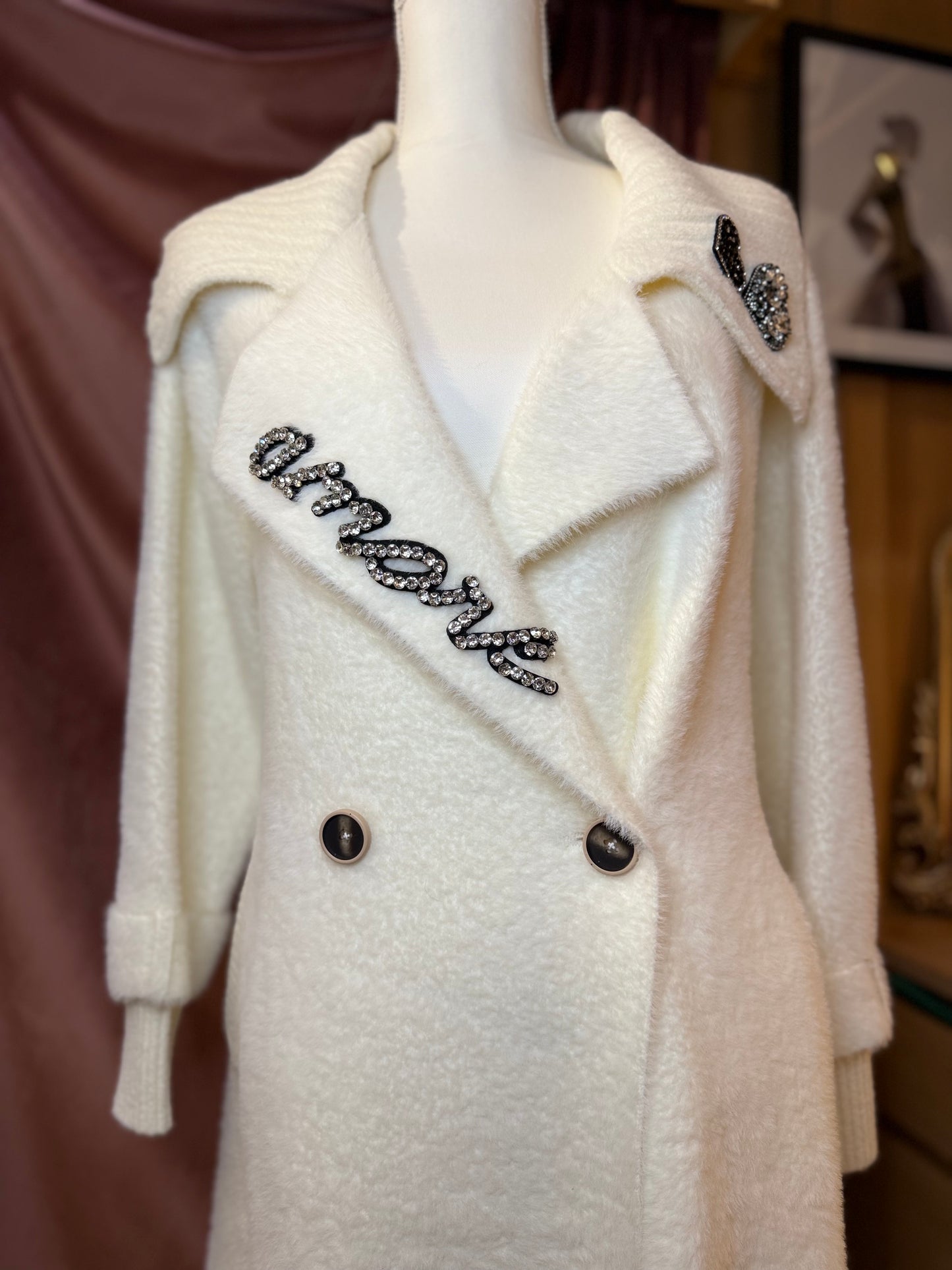 Regina - White Cashmere & Sequin Amor Coat