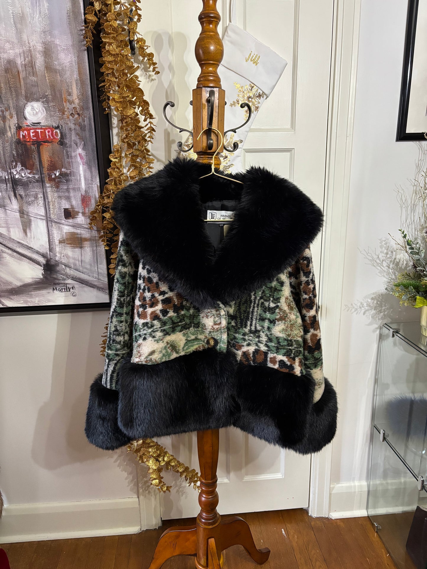 La Fiorentina - Black Faux Fur Trim Green Print Jacket