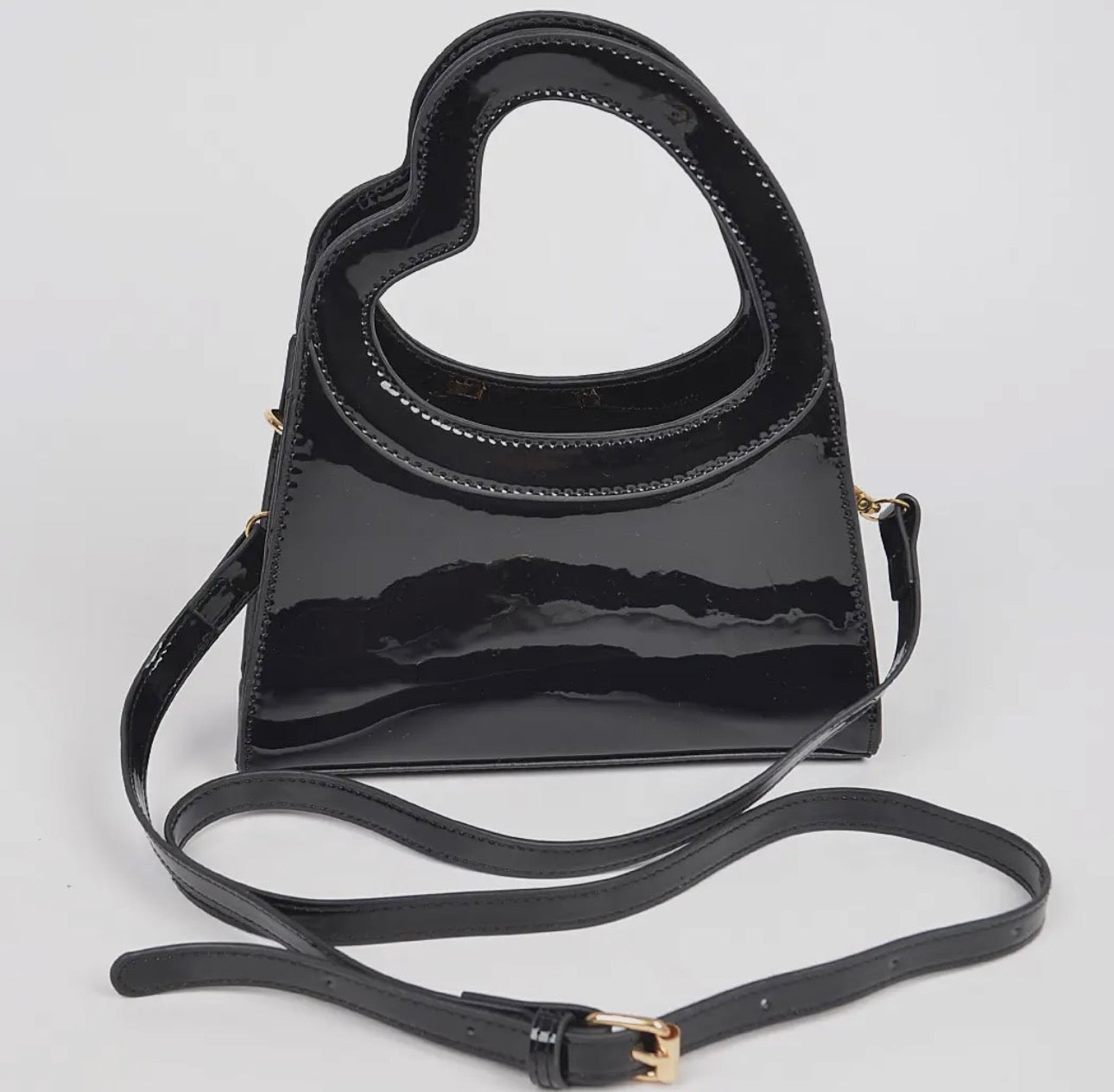 3 AM by H & D - Glossy Faux Leather Heart Handle Bag - Black