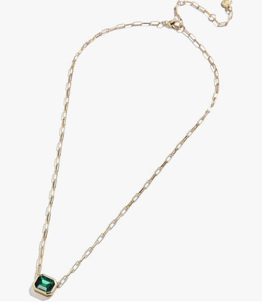 Bauble Bar - Gold Paperclip Chain Necklace with Emerald CZ Stone