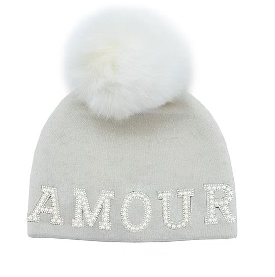 Mitchie's - Knit AMOUR hat with pearls and fox fur pom pom