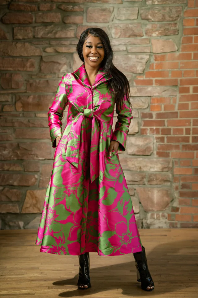 Samuel Dong Double Collar Floral Coat Dress Pink and Green Kingdom Couture LLC