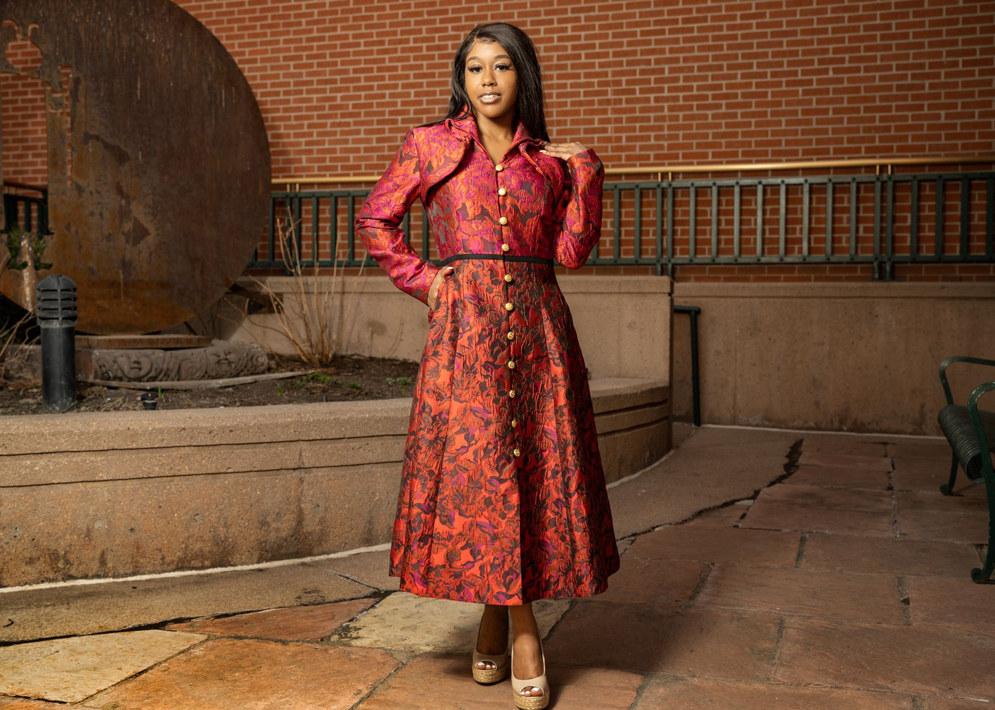 Samuel Dong - Red & Fushia Jacquard Dress
