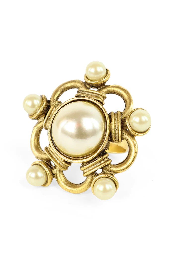 Yochi NY - Pearl & Brass Swirl Flower Ring
