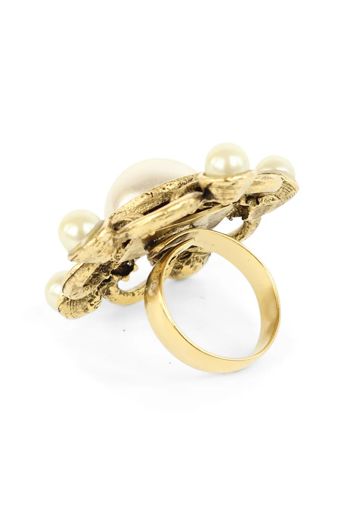 Yochi NY - Pearl & Brass Swirl Flower Ring