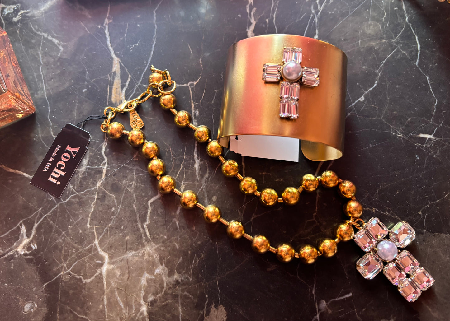 Yochi NY - Gold Cuff with Crystal Cross