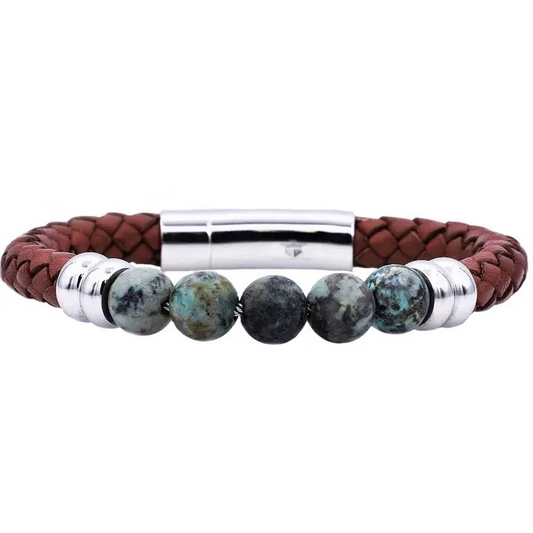 Blackjack Men's Jewelry - Genuine African Turquoise & Brown Leather Beaded Bracelet