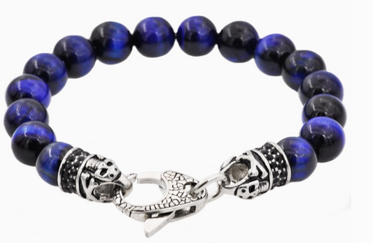 Blackjack Men's Jewelry - Blue Tiger Eye Stainless Steel Bead Bracelet - Wholesale Price