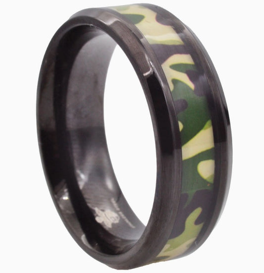 Blackjack Men's Jewelry - Black Steel Camo Band Ring
