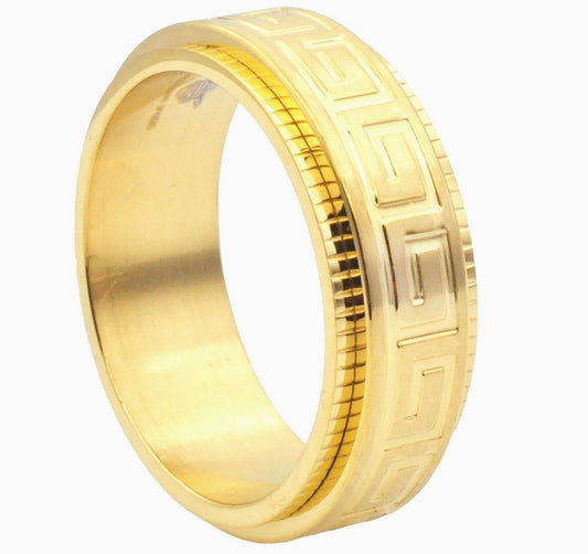 Blackjack Men's Jewelry - Gold Stainless Steel Etched Greek Key Spinner Ring