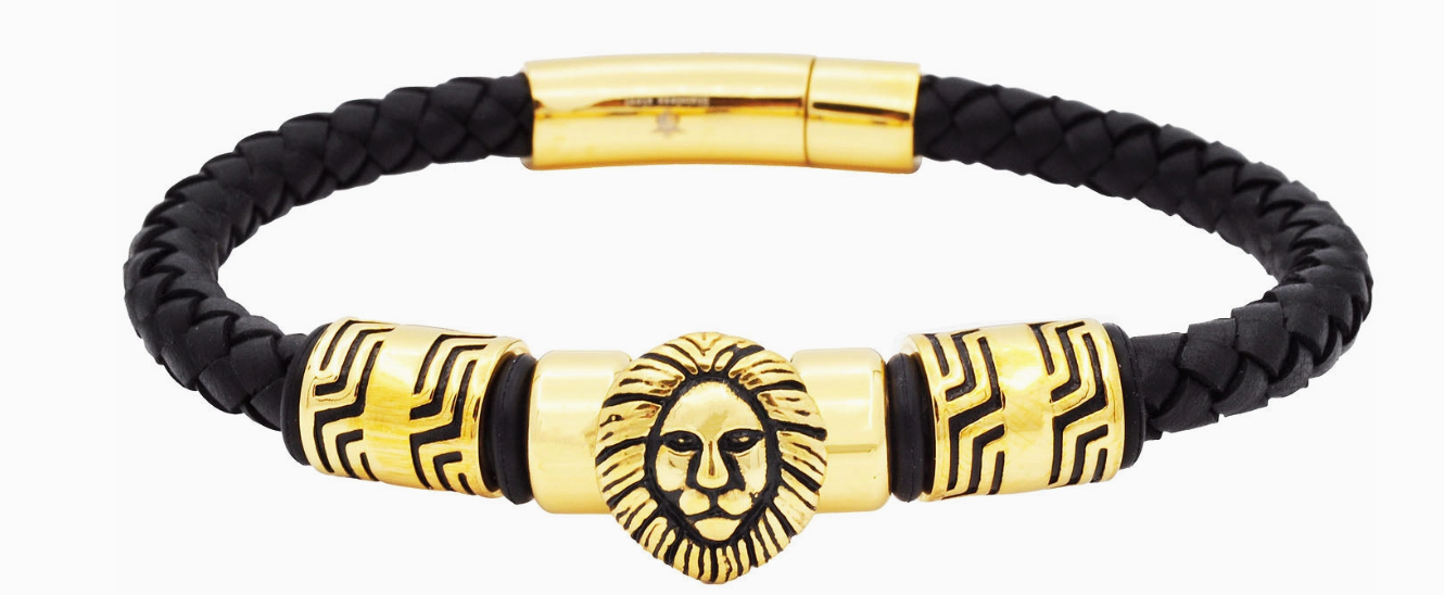 Blackjack Men's Jewelry - Lion's Head Black & Gold Leather Bracelet