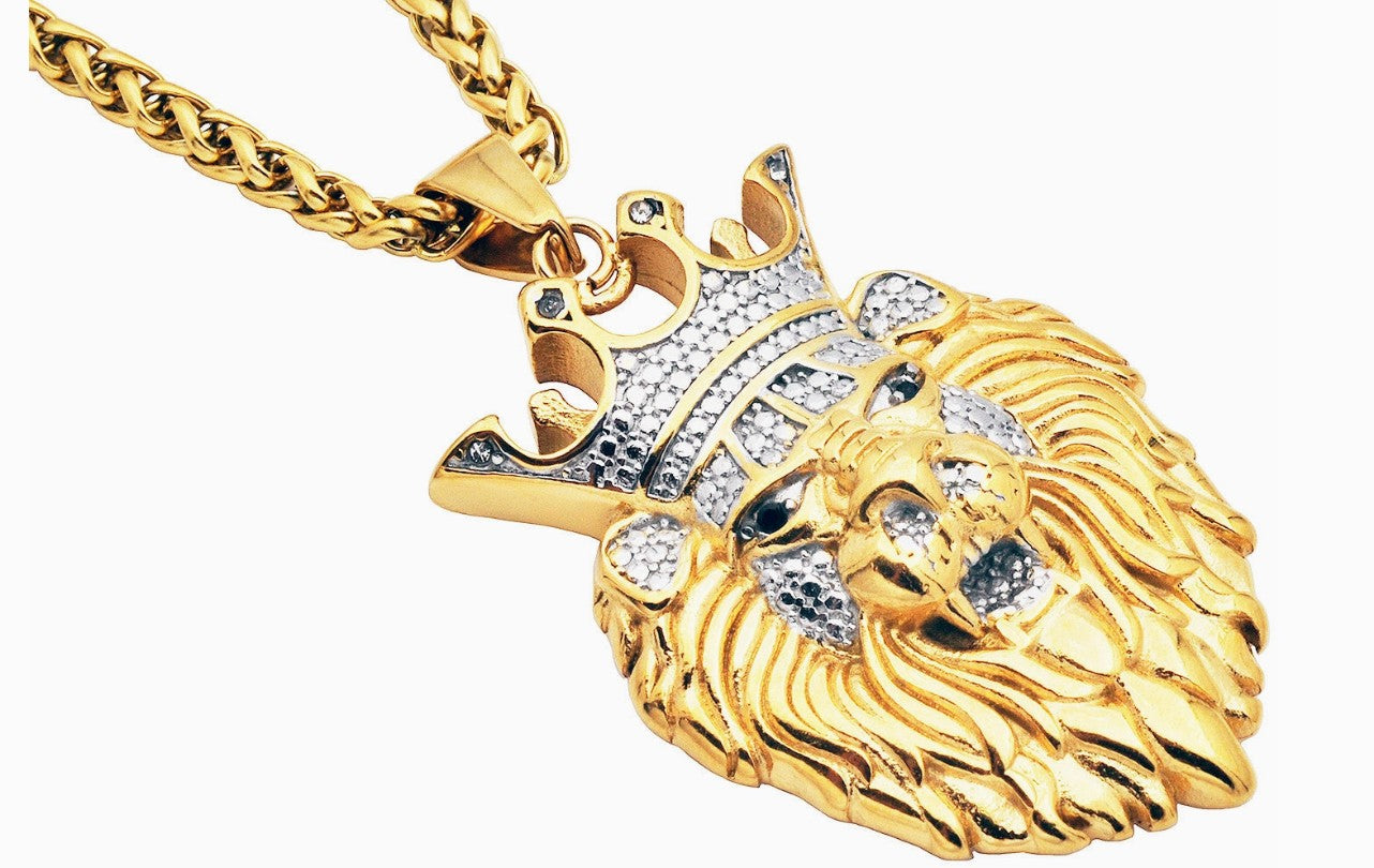 Blackjack Men's Jewelry - Gold Lion Head with CZ Crown Necklace