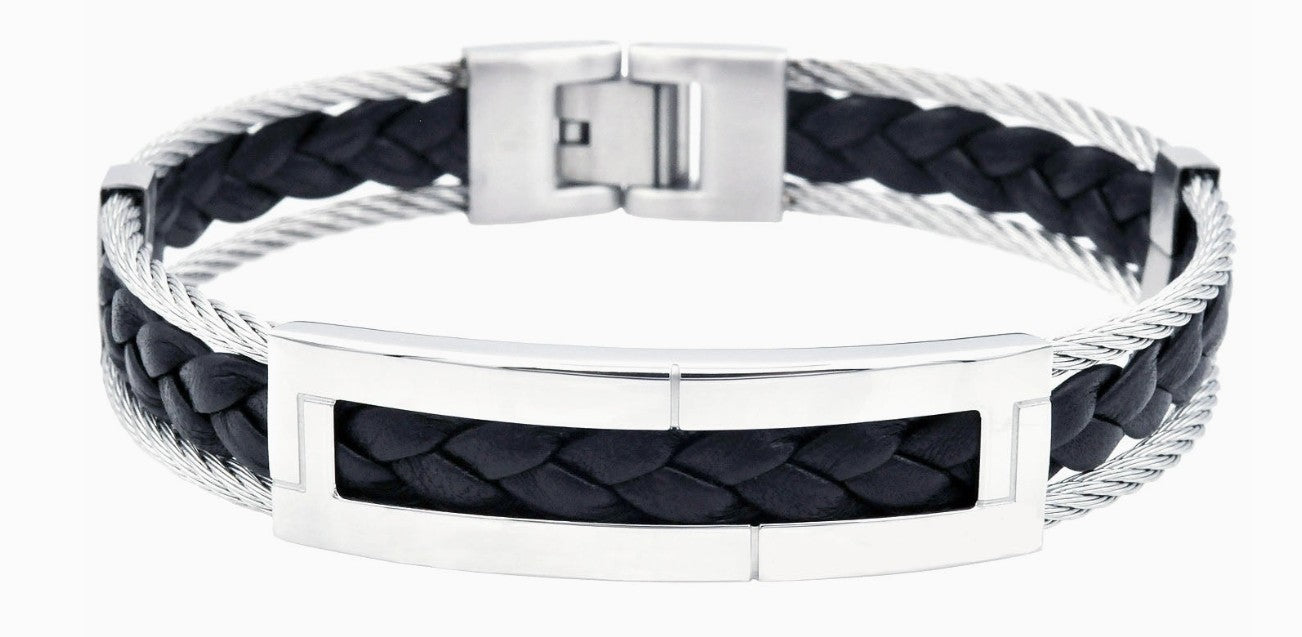 Blackjack Men's Jewelry - Stainless Steel & Black Leather Cable Bracelet