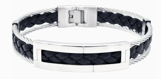 Blackjack Men's Jewelry - Stainless Steel & Black Leather Cable Bracelet