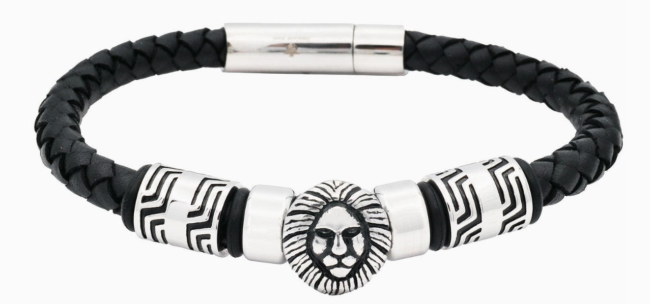 Blackjack Men's Jewelry - Silver Lion's Head Black Leather Bracelet