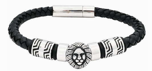 Blackjack Men's Jewelry - Silver Lion's Head Black Leather Bracelet