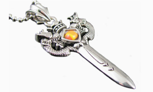 Blackjack Men's Jewelry - Stainless Steel Sword Necklace with Amber Gemstone