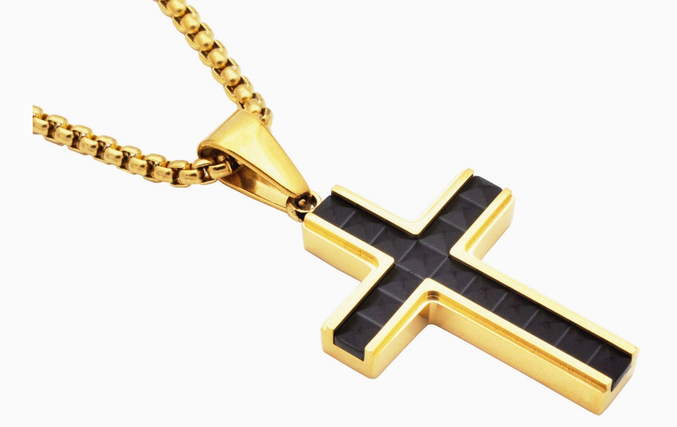 Blackjack Men's Jewelry - Two-Tone Stainless Steel Cross Pendant with CZ