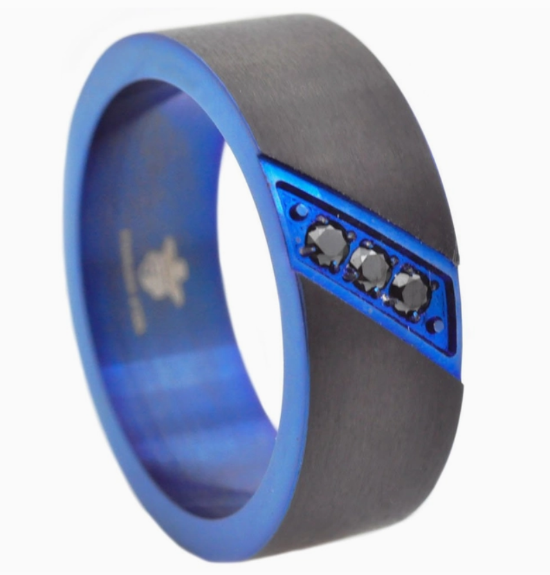 Blackjack Men's Jewelry - Black & Blue Stainess Steel CZ Band Ring