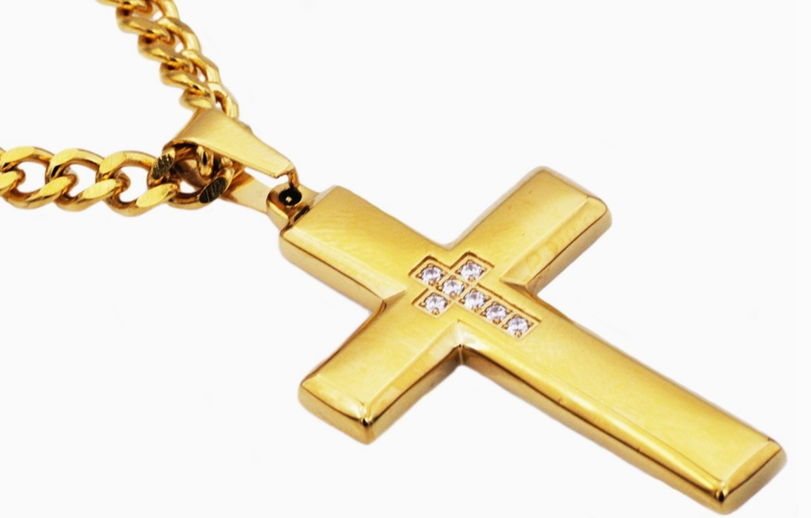 Blackjack Men's Jewelry - Gold Stainless Steel Cross Pendant with CZ