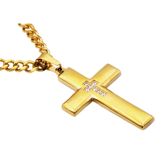 Blackjack Men's Jewelry - Gold Stainless Steel Cross Pendant Necklace with CZ