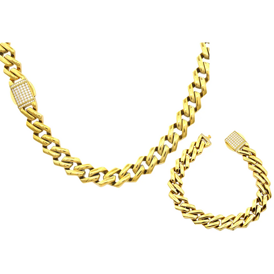 Blackjack Men's Jewelry - Gold Plated Stainless Steel Monaco Link Set with CZ Box Clasp