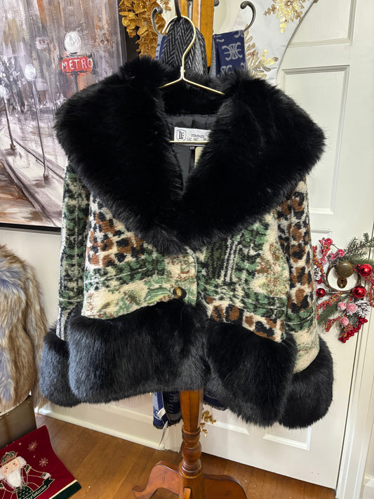 La Fiorentina - Black Faux Fur Trim Green Print Jacket