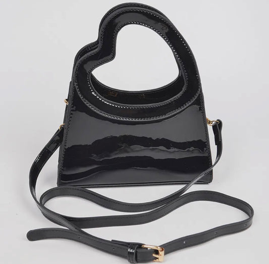 3 AM by H & D - Glossy Faux Leather Heart Handle Bag - Black