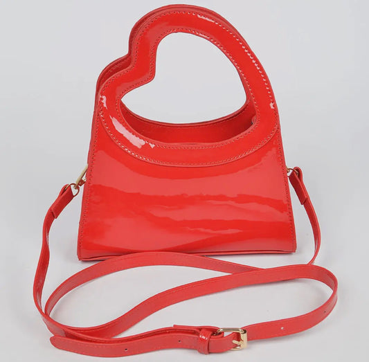 3 AM by H & D - Glossy Faux Leather Heart Handle Bag - Red