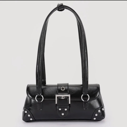 3 AM by H & D - Vegan Leather Metal Studded Shoulder Bag - Black