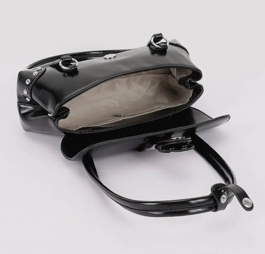 3 AM by H & D - Vegan Leather Metal Studded Shoulder Bag - Black