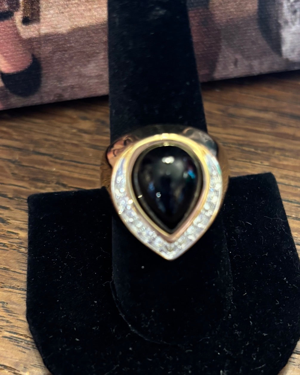 Providence Vintage Jewelry - Black and CZ Tear Drop Ring - Gold