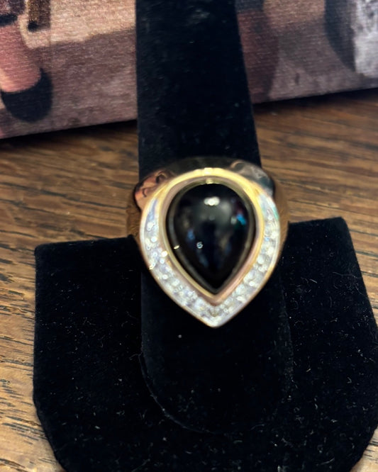 Providence Vintage Jewelry - Black and CZ Tear Drop Ring - Gold