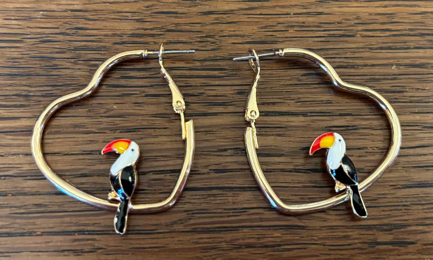 Kingdom Couture - Gold Heart with Toucan Bird Earring