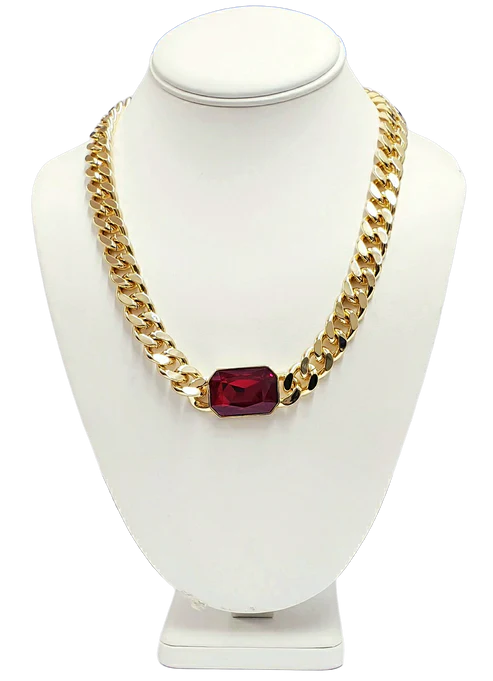 Kenneth Jay Lane - Adjustable Gold Chain with Ruby Stone Front Toggle Necklace