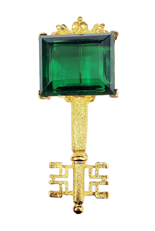 Kenneth Jay Lane - Emerald Rectangle Stone Gold Key Pin