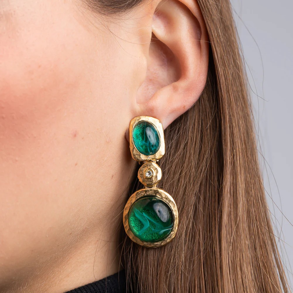 Kenneth Jay Lane - Flawed Emerald Cabochon Drop Earrings