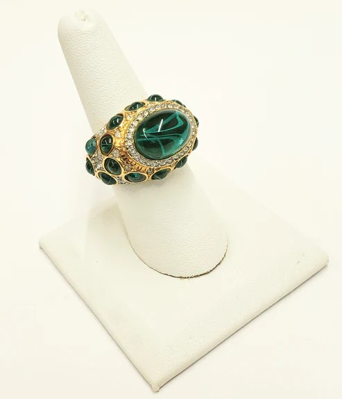 Kenneth Jay Lane - Gold-Two Tone Rhinestone Flawed Emerald Ring