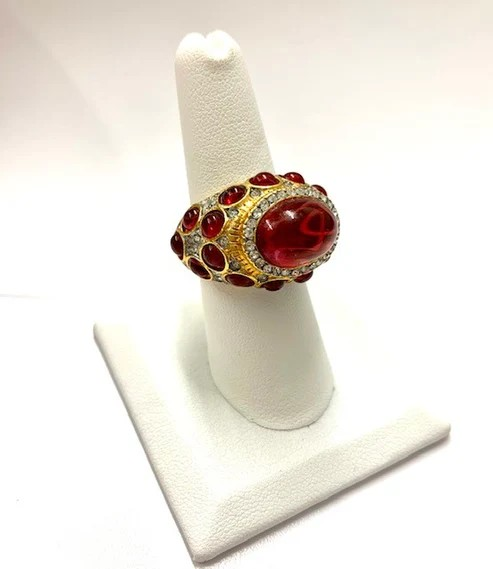 Kenneth Jay Lane - Gold-Two Tone Rhinestone Flawed Ruby Ring