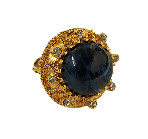 Kenneth Jay Lane - Gold with Crystal Flaw Sapphire Cabochon Center Ring