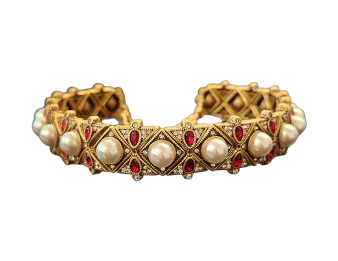 Kenneth Jay Lane - Light Antique Gold Choker - Rhinestone, Rubies and Pearls