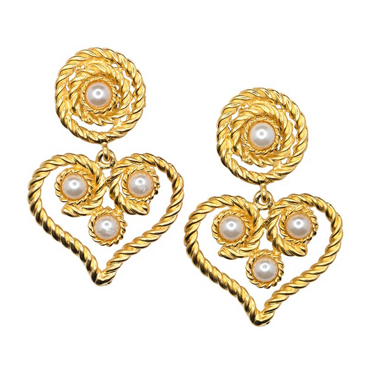 Kenneth Jay Lane - Satin Gold Heart Drop White Pearl Clip Earrings