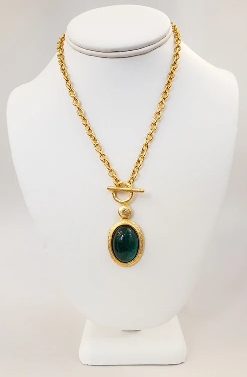 Kenneth Jay Lane - Satin Gold with Crystal Flawed Emerald Toggle Necklace