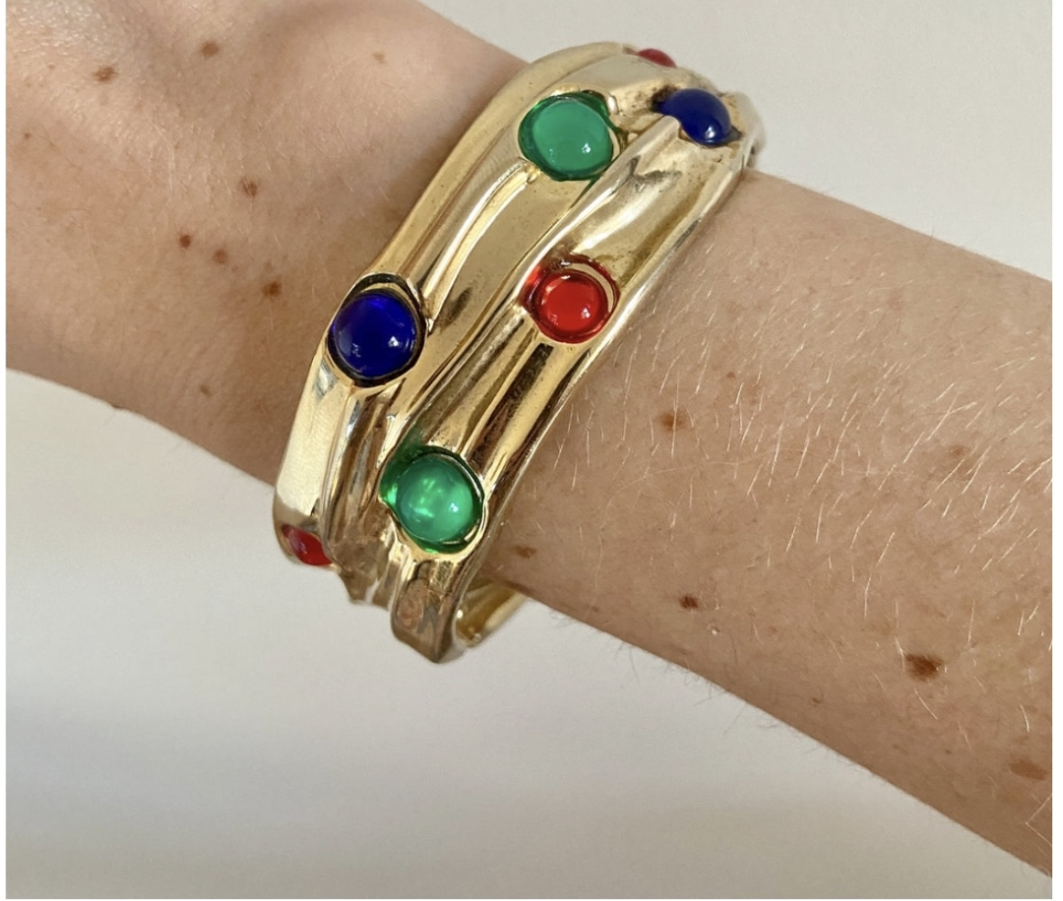 Vintage Multi Stone Cabochon Gold Hinged Bracelet