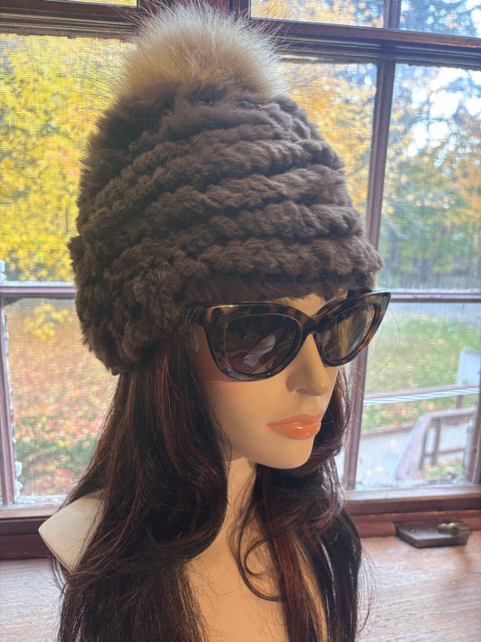 Mitchie's - Knit Rabbit Beanie with Raccoon Pom Pom