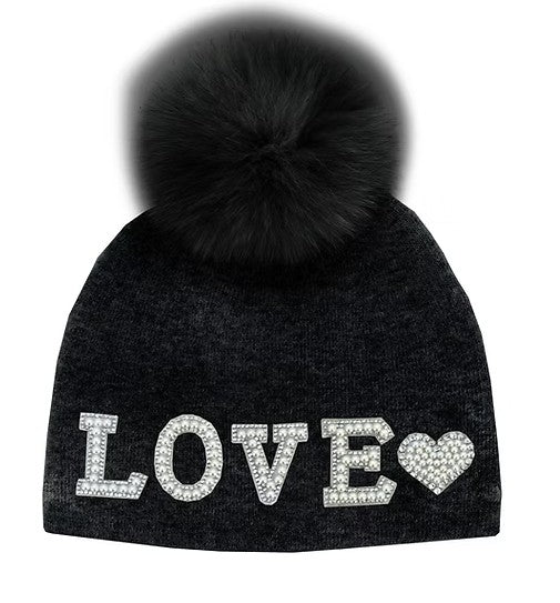 Mitchie's - Knit LOVE hat with Pearls and Fox Fur Pom Pom